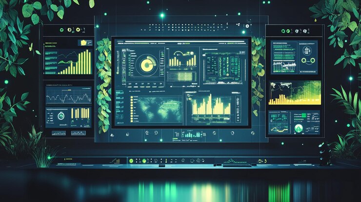 PSD green tech dashboard displays data analytics charts and graphs on a large screen surrounded by lush foliage