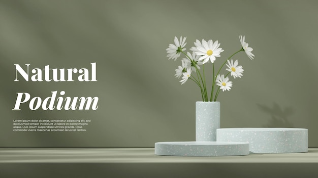 Green terrazzo texture podium in landscape with white daisy in pot 3d rendering space mockup scene