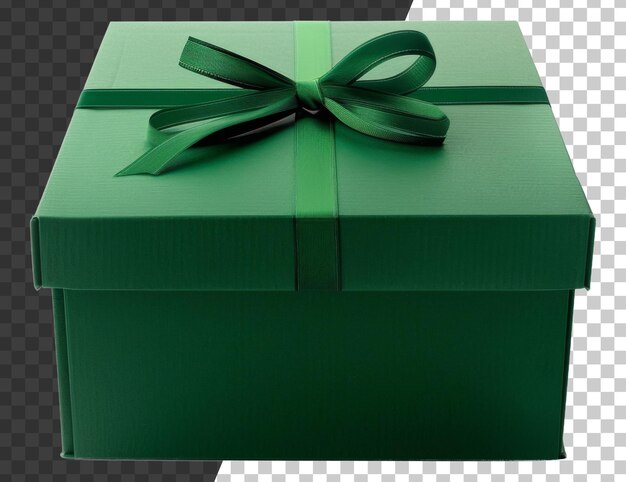 PSD green textured gift box with satin ribbon bow on transparent background stock png