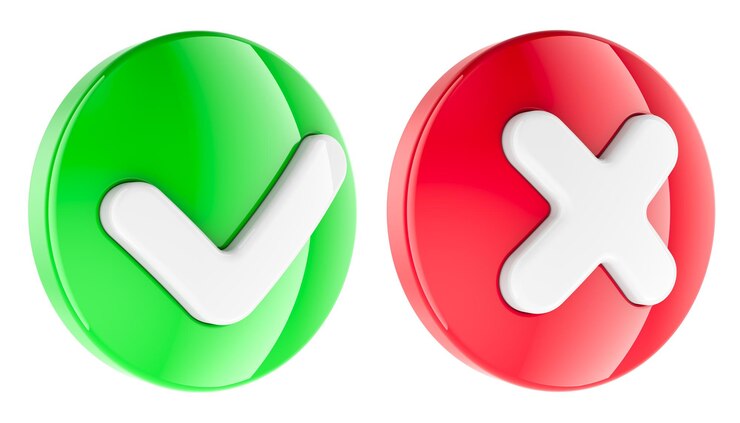 PSD green tick symbol and cross sign in the circles 3d rendering isolated on transparent background