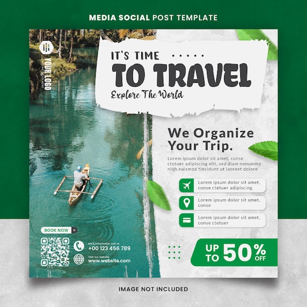 Modello di post sui social media di green time to travel esplora il mondo