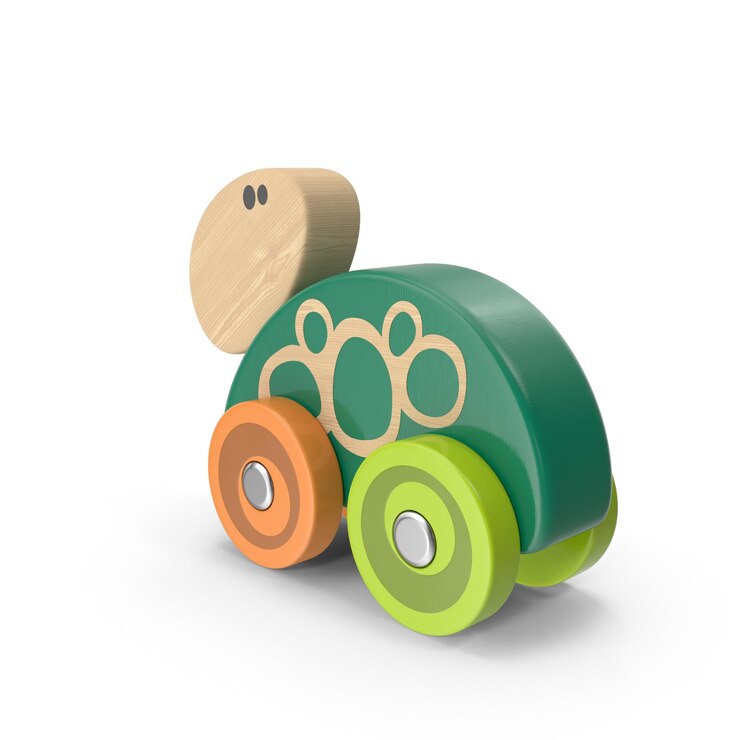 PSD a green toy with a wooden handle and a flower on it