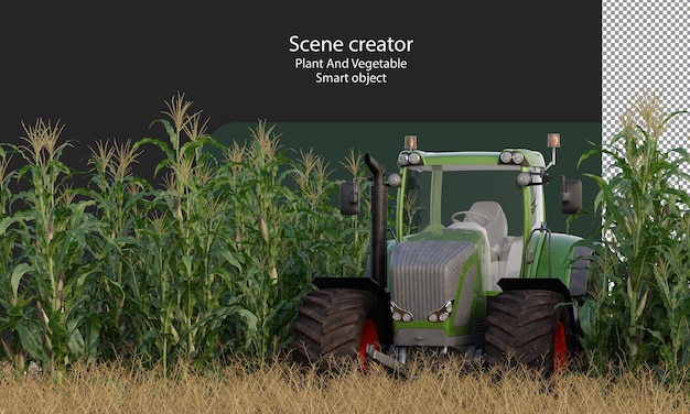 PSD Зеленый трактор на кукурузном поле изолирован, трактор на кукурузном поле