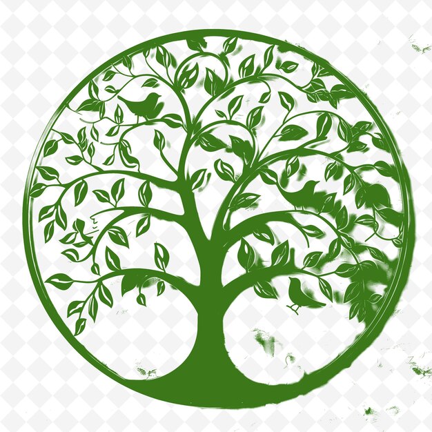 A green tree with leaves and a white background with a green circle in the middle