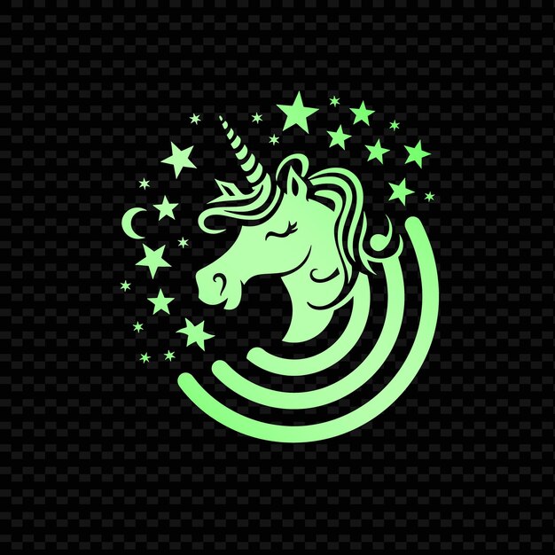 PSD un unicorno verde con le stelle su di esso è su uno sfondo nero