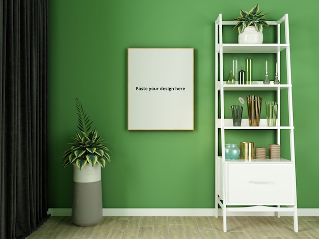 PSD green wall con set decorativi poster mockup