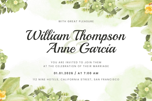 Green watercolor flower wedding invitation template