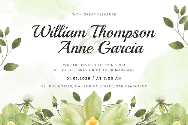 Green watercolor flower wedding invitation template