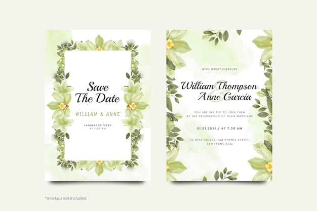 Green Watercolor Flower Wedding Invitation Template