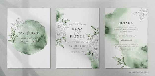 PSD green watercolor wedding invitation with leaves and floral