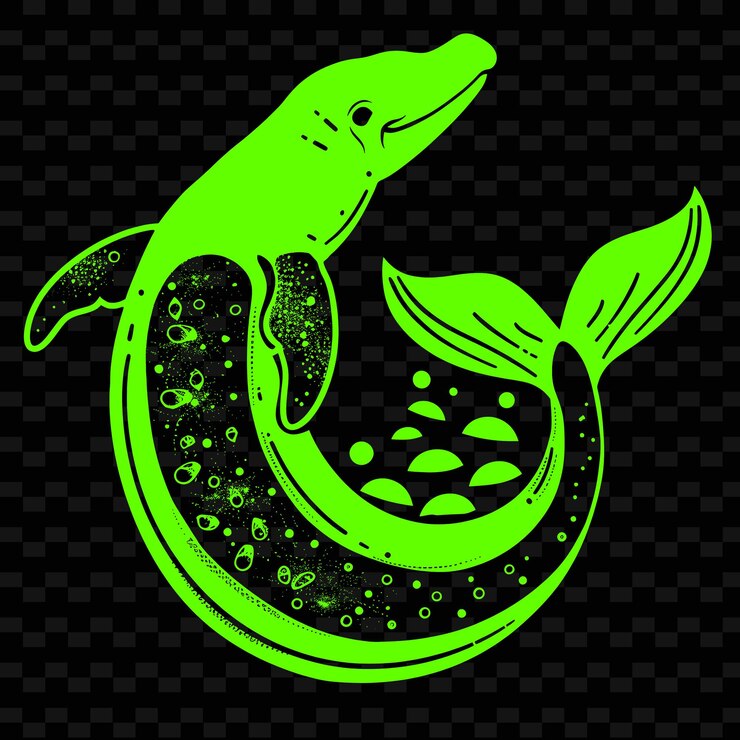 PSD a green whale with a fish in it and a fish on the bottom