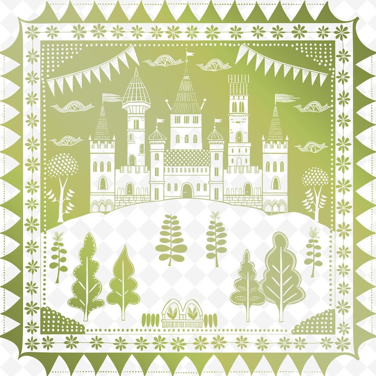 PSD a green and white castle with trees and a green background