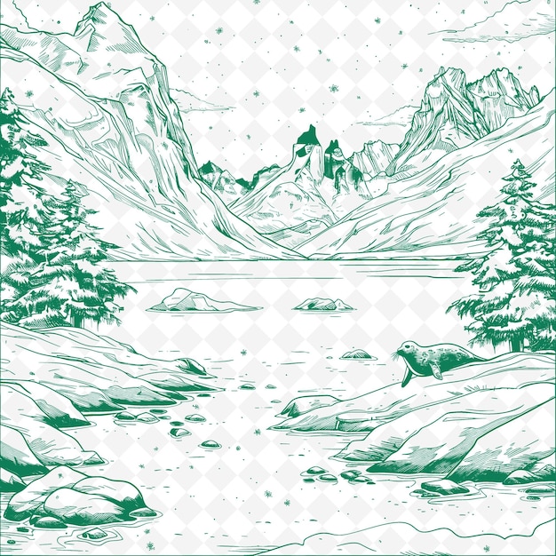 PSD a green and white drawing of a river with a river and mountains in the background