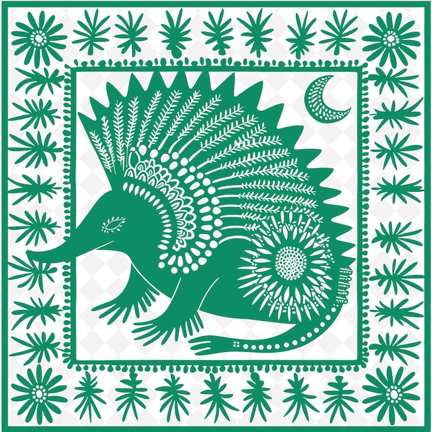 A green and white drawing of a wild animal with a star on the top