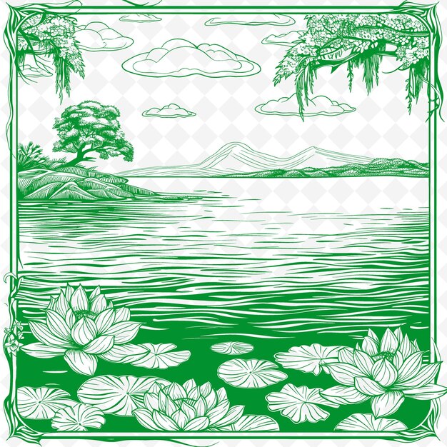 PSD a green and white illustration of a lake with flowers and mountains in the background