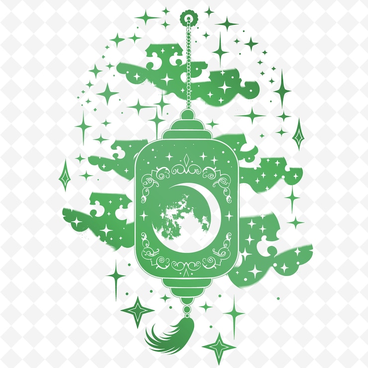 PSD a green and white illustration of a tree with a green background with a green circle and the moon