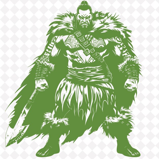 A green and white illustration of a warrior with a sword and shield on it