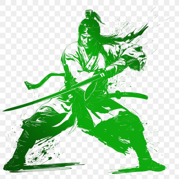 A green and white image of a warrior with a sword