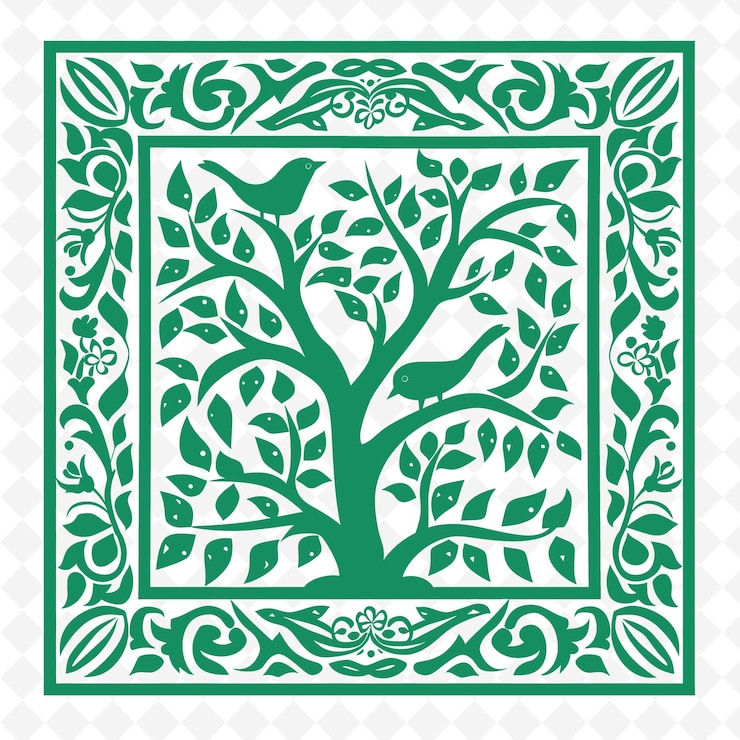 PSD a green and white pattern with a tree and birds