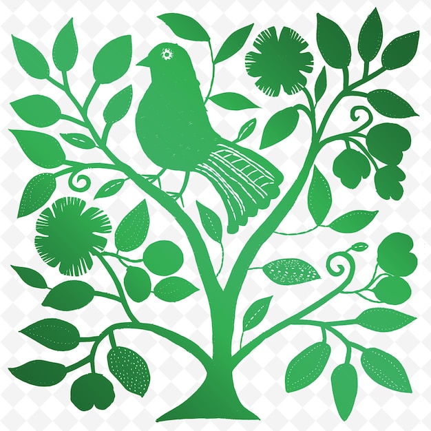 A green and white picture of a bird and flowers
