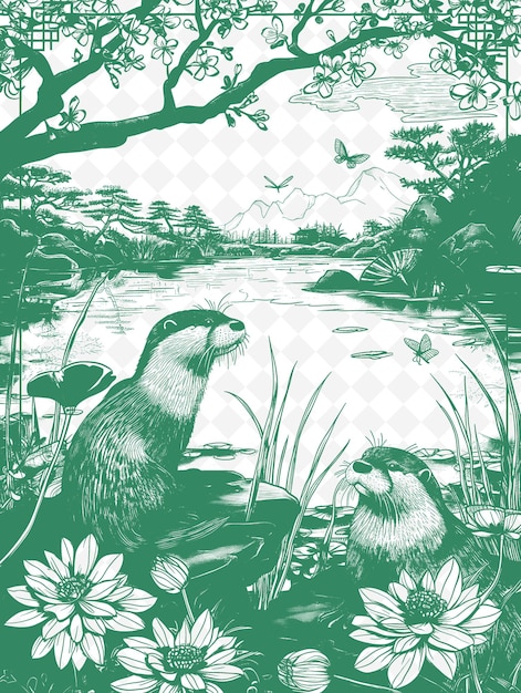 A green and white picture of ducks and trees with a pond in the background