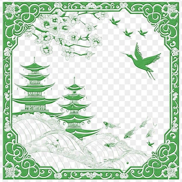 PSD a green and white picture of a pagoda with a green background