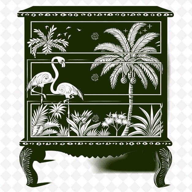 Un'immagine verde e bianca di una palma e una panchina con palme su di essa