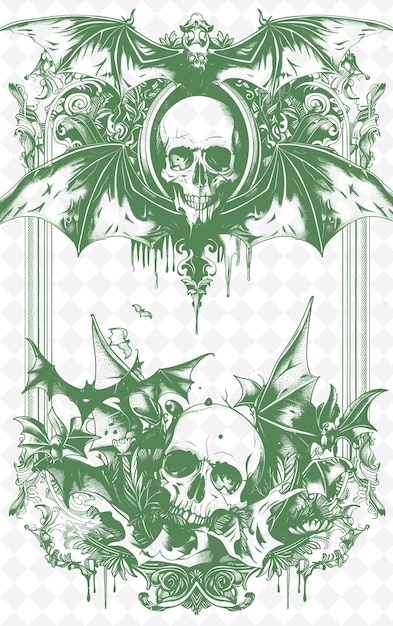 PSD a green and white poster with a skull and flowers