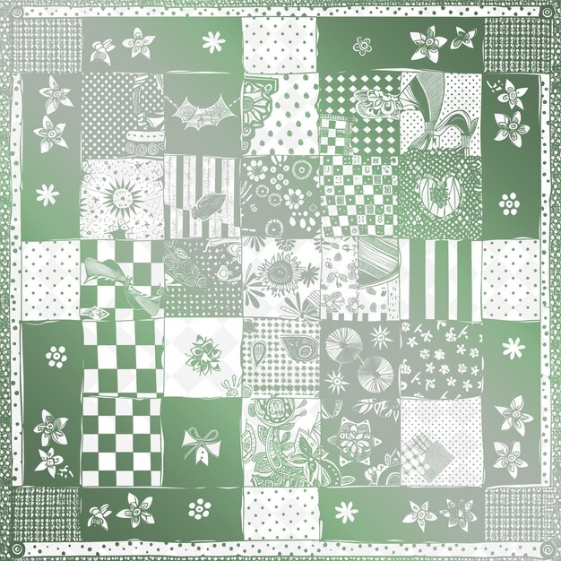 Un quilt verde e bianco con un disegno di fiori e un'immagine di un albero di natale