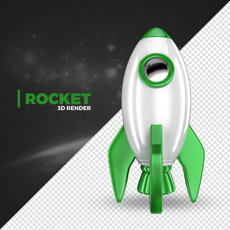 PSD green and white space rocket flying 3d render isolated