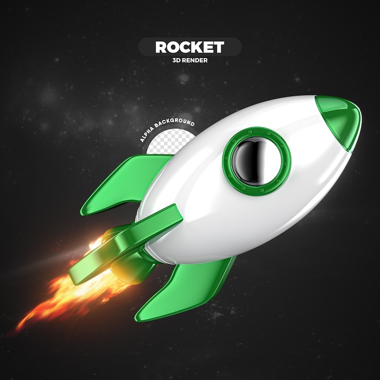 PSD green and white space rocket flying 3d render isolated