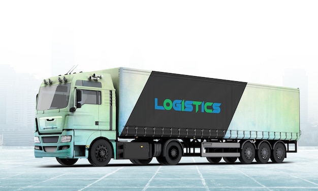 A green and white truck with the word logistics on the side