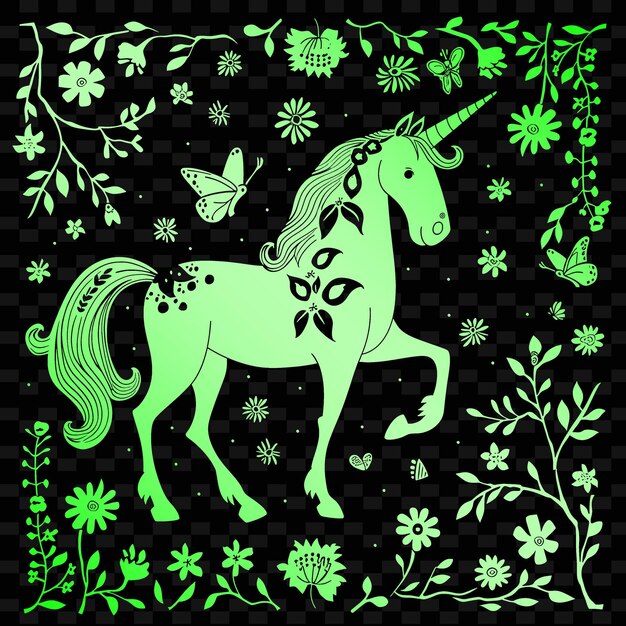 A green and white unicorn with flowers and butterflies on it