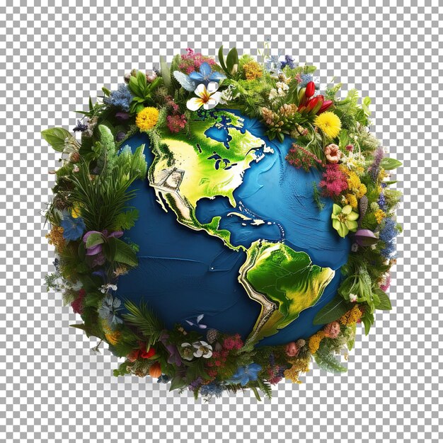 PSD green world planet with leaves and plants 3d tree or forest shape of world map isolated on white