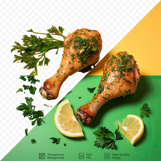 PSD uno sfondo verde e giallo con l'immagine di un pollo e un limone.