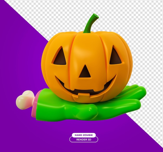 Green zombie hand with pumpkin for halloween 3d render cartoon illustration with transparent backgro