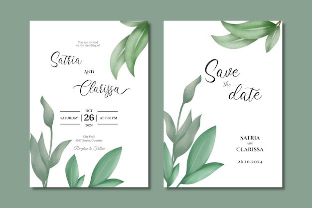 Greenery Wedding Invitation card with watercolor leaves