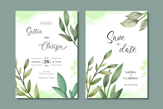 Greenery wedding invitation card with watercolor leaves