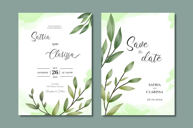 greenery wedding invitation card with watercolor leaves