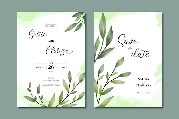 Carta di invito matrimonio verde con foglie ad acquerelli