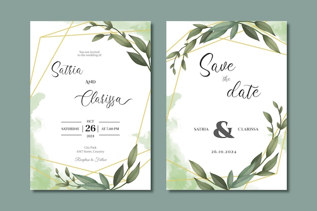 PSD greenery wedding invitation card with watercolor leaves