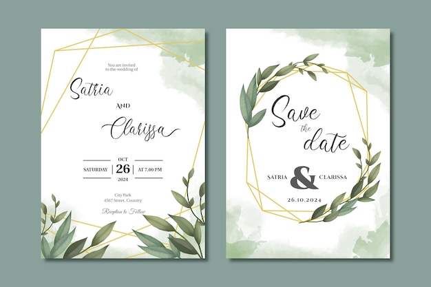 Greenery wedding invitation card with watercolor leaves