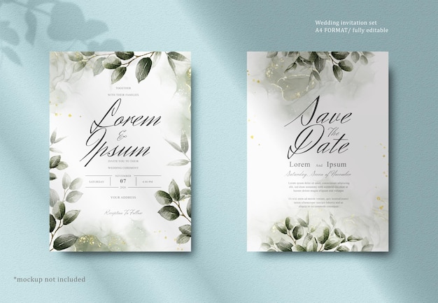 Greenery wedding invitation with hand drawn leaves and watercolor splash background