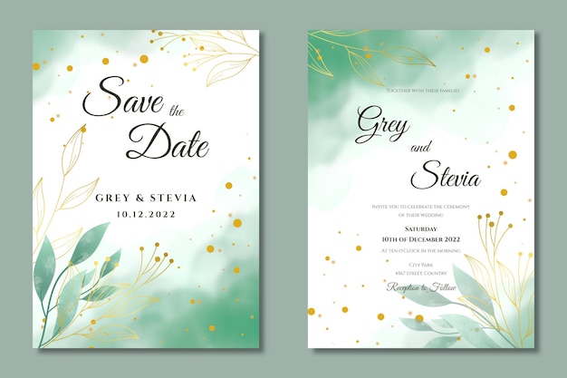 PSD greenery wedding invitation with leaves ornament