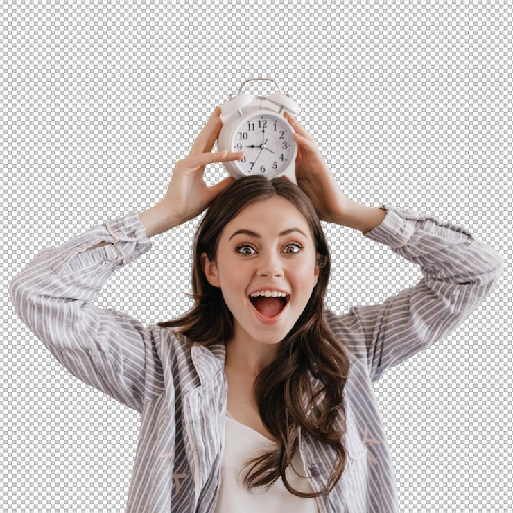 PSD greeneyed woman enthusiastically looking at front and holding alarm clock on her head