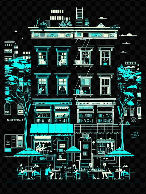 PSD greenwich village with bohemian street scene and brownstone psd vector tshirt tattoo ink scape art