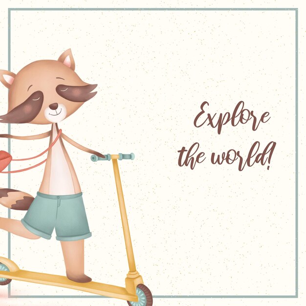 Greeting card Explore the World with racoon on a scooter