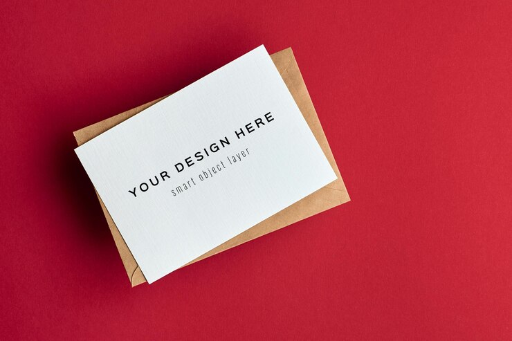 PSD greeting card mockup on red paper background