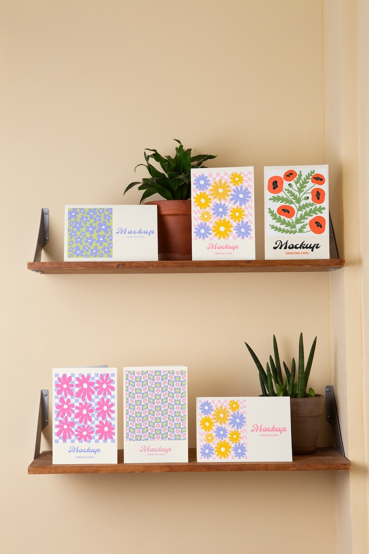 PSD greeting card mockup on shelf with plants