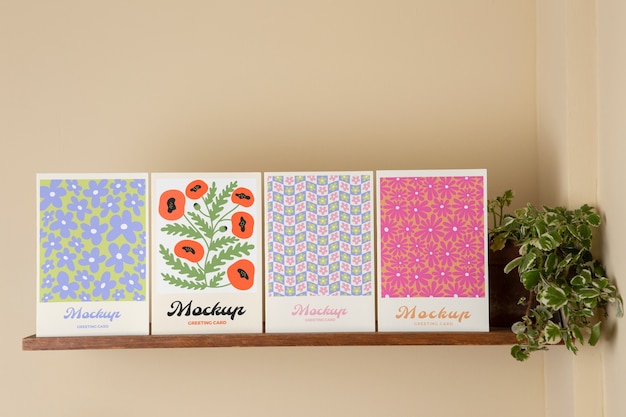 PSD greeting card mockup on shelf with plants